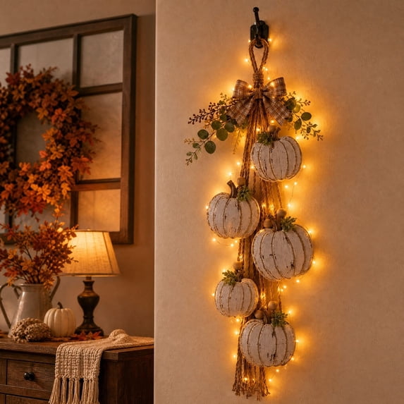 CHJK Rustic White Pumpkin Hanging Swag, 5 Pumpkin Fall Wall & Door Decor, Distressed Wooden Pumpkins with Plaid Bow and Warm LED Lights for Farmhouse Fall Door Decor