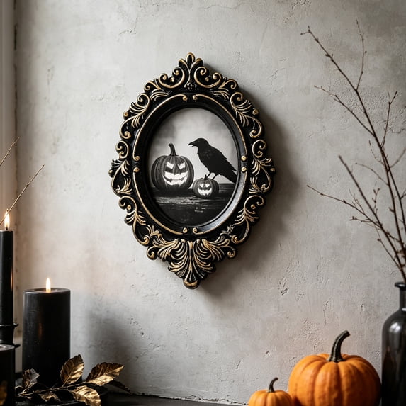 CHJK Vintage Gothic Picture Frame, Black Gold Embossed Hollow Resin Display Frame, Decor for Dried Flower Specimen Wall Art