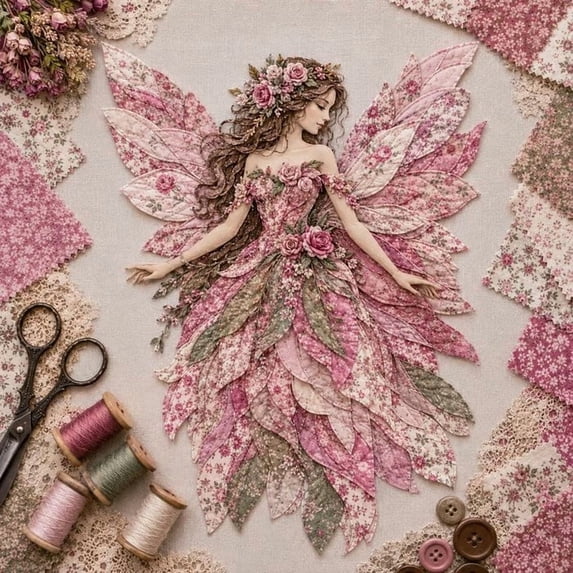 CHJK Wegodal Fairy Patchwork DIY, Fun Flower Fairies Patchwork Sewing Kit, Patchwork Set with Fabric Winged Elf Doll DIY Project for Beginners, Handmade Decor Gift, Pink