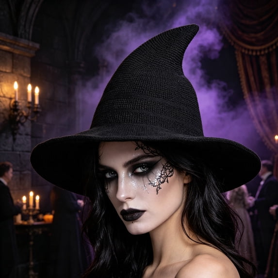 CHJK Women Halloween Witch Hat Knitted Cap, Wide Brim Witch Hat for Halloween Party, Black