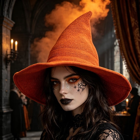 CHJK Women Halloween Witch Hat Knitted Cap, Wide Brim Witch Hat for Halloween Party, Orange