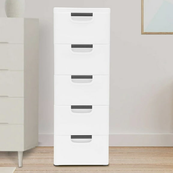 CHLDESSING 5-Drawer Plastic Storage Cabinet Stackable Vertical Dresser, White