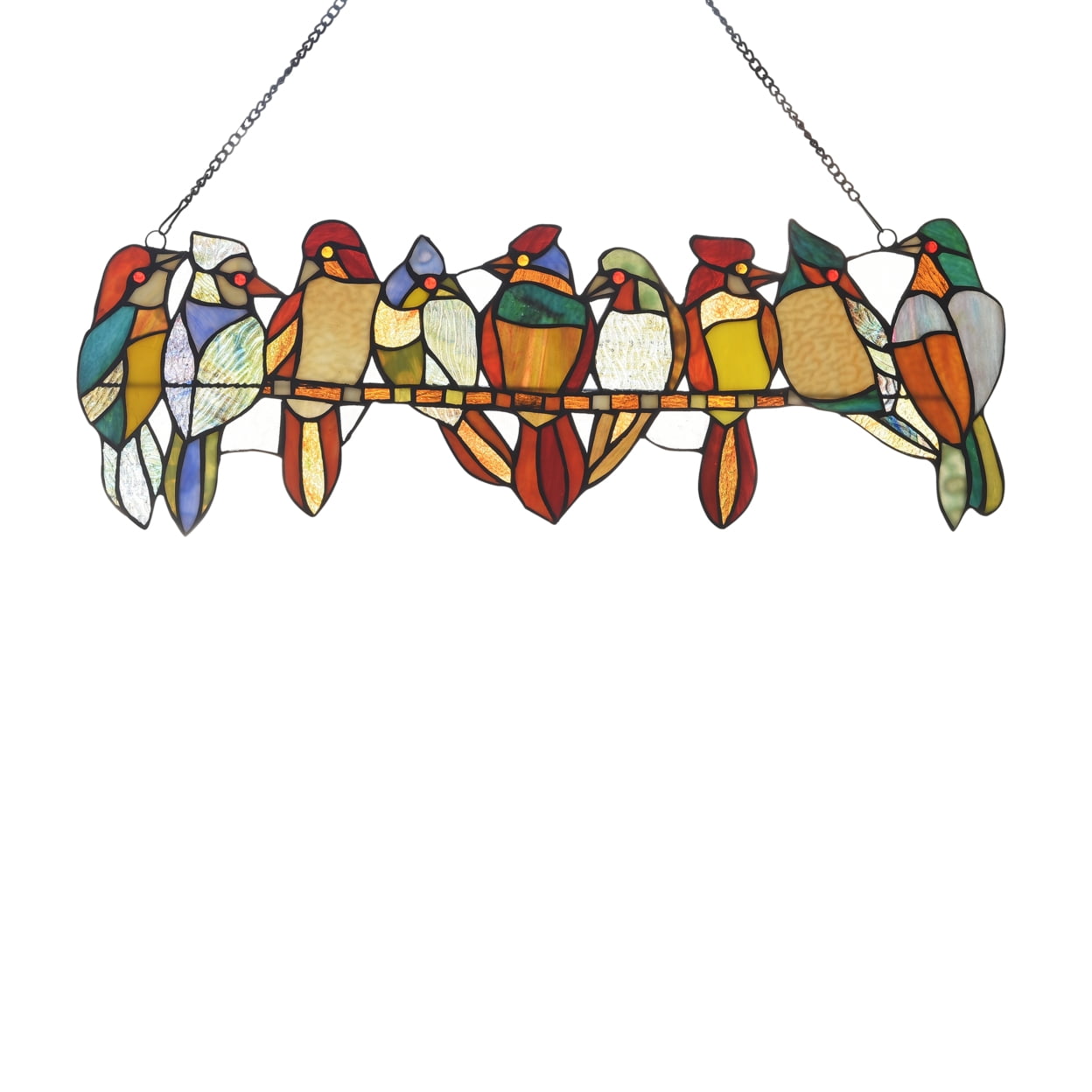 Multi-Colored Stained Glass Birds on Vine Window Panel