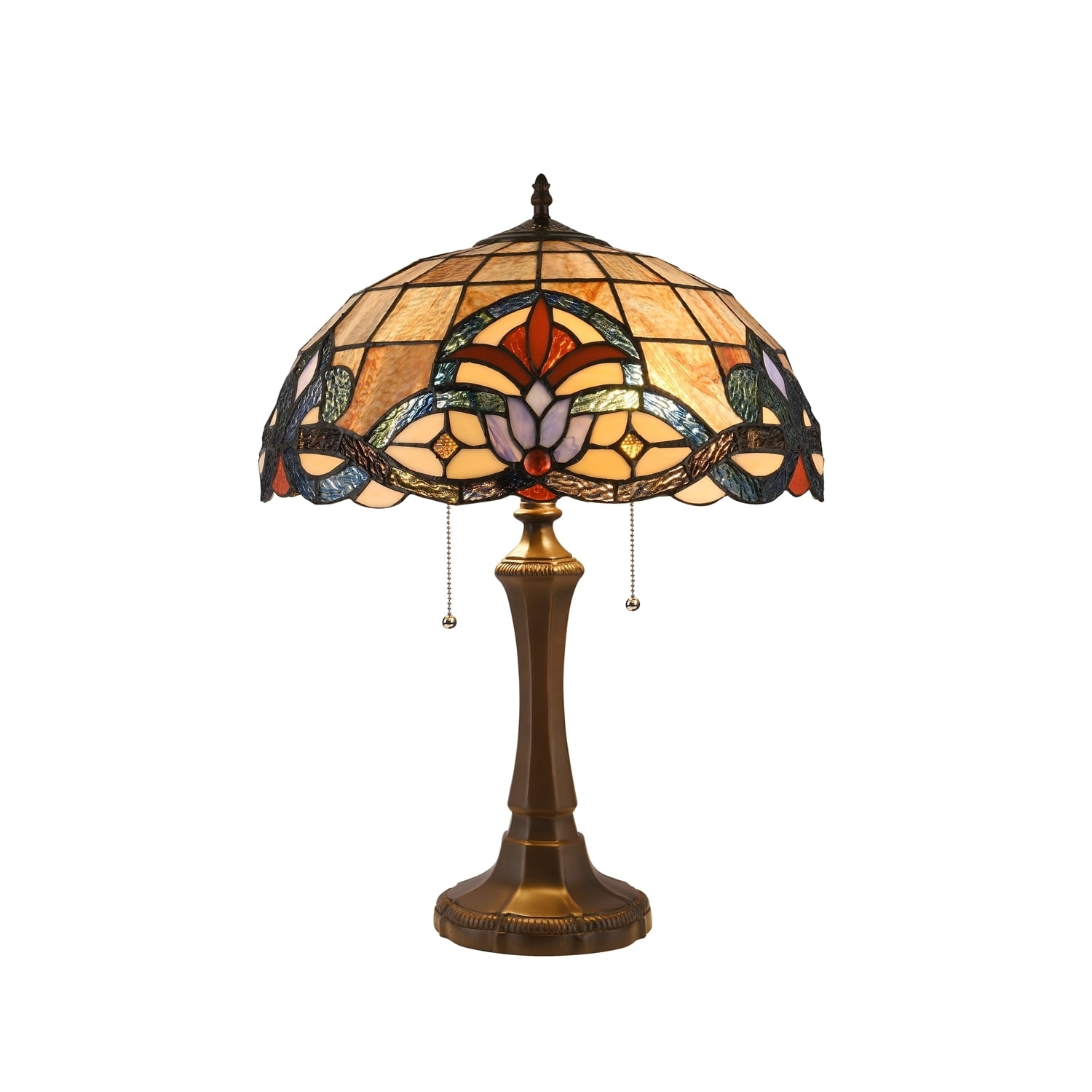 Victorian Bronze 17" Stained Glass Table Lamp with Dual Pull Chains