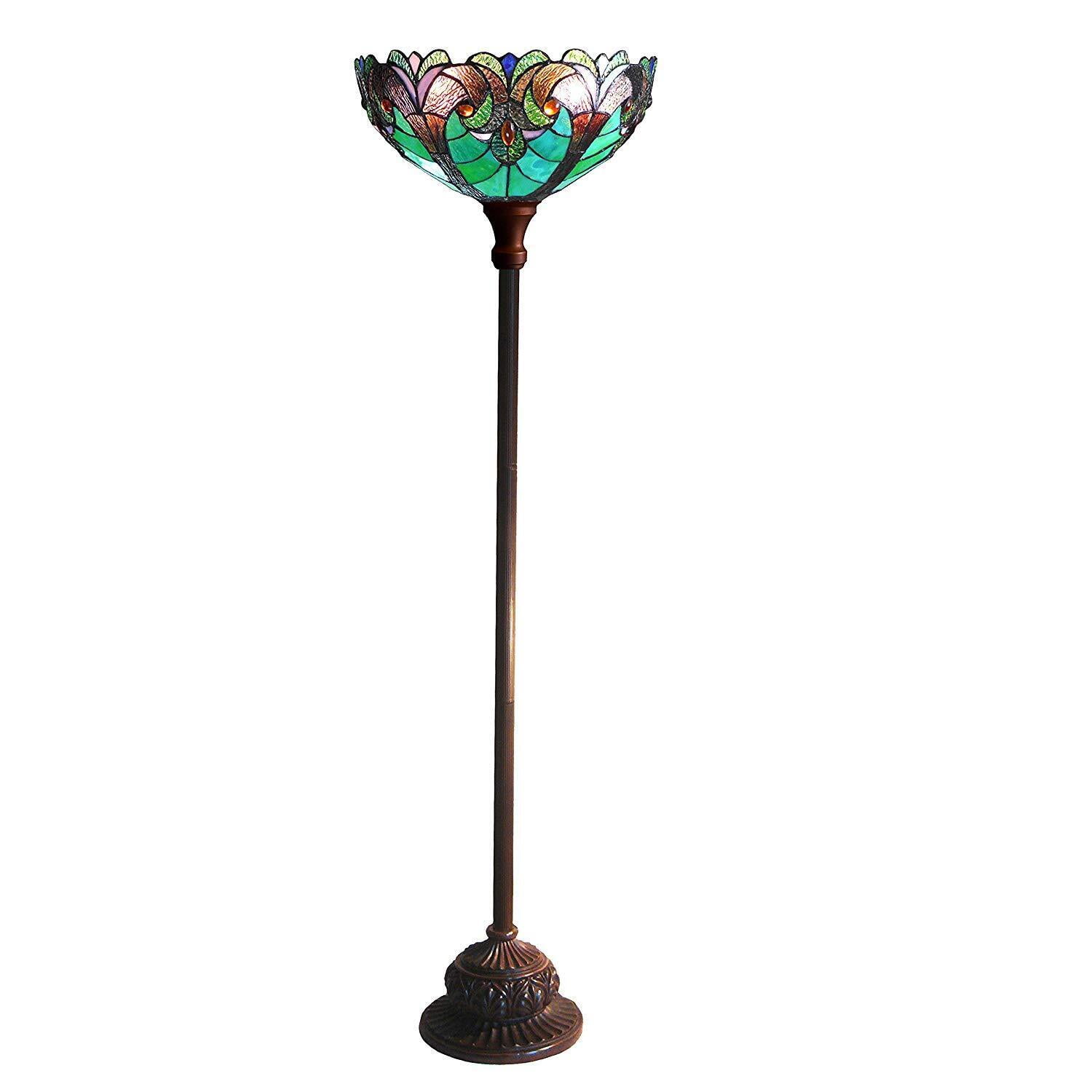 Victorian Green Stained Glass Bronze Torchiere Floor Lamp