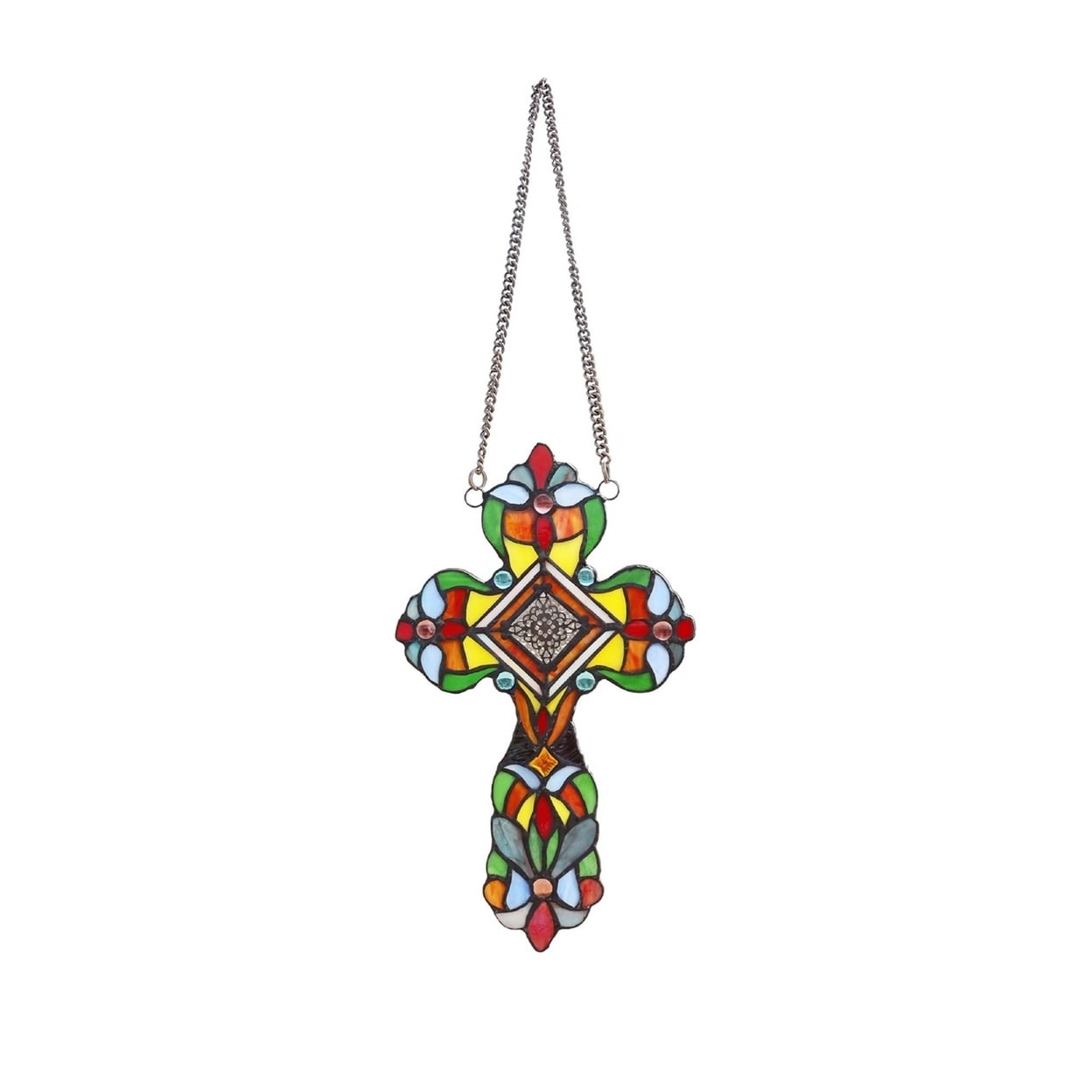 Adelina Victorian Tiffany-Style Stained Glass Cross Panel with Chain