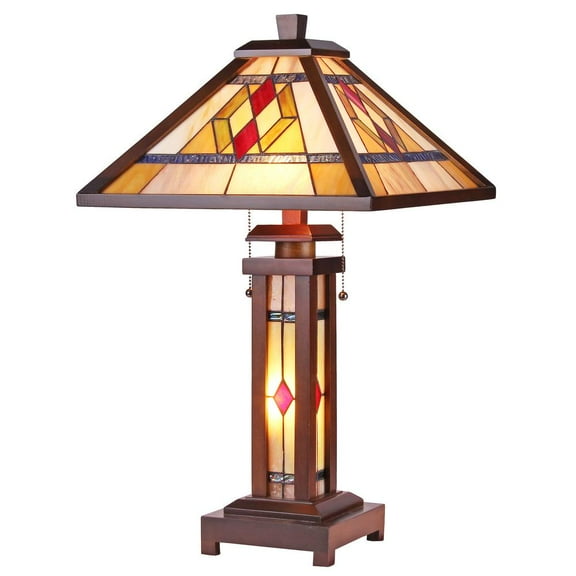 CHLOE Lighting GARETH Tiffany-style Mission 3 Light Double Lit Wooden Table Lamp 15" Shade