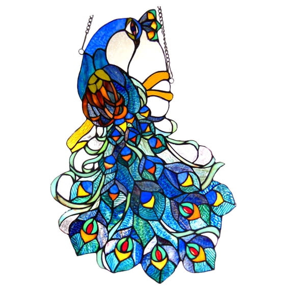 CHLOE Lighting GLORY Tiffany-glass Peacock Window Panel 17x25