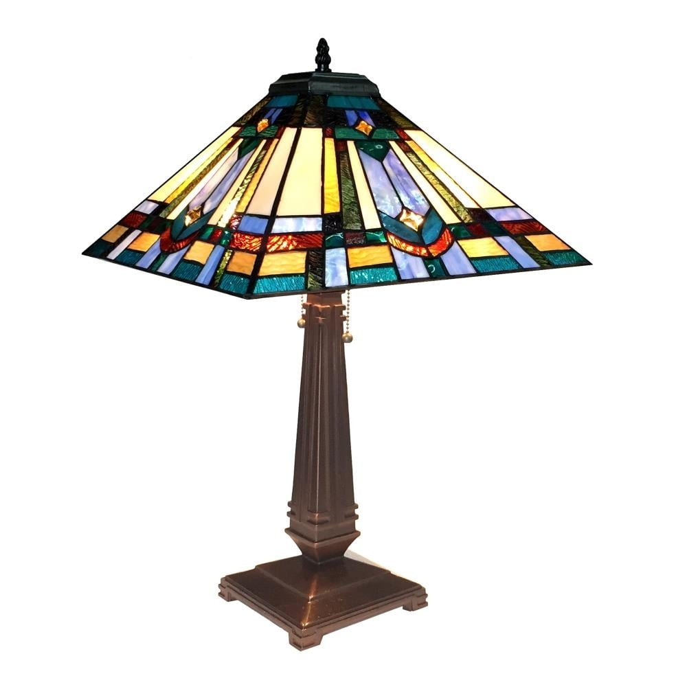 Irwin Dark Antique Bronze Adjustable Tiffany-Style Table Lamp with Stained Glass Shade
