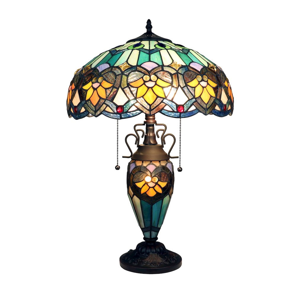 Victorian Bronze Tiffany-Glass Floral Double Lit Table Lamp