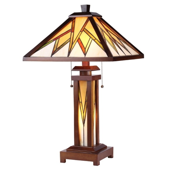 CHLOE Lighting LAMORAK Tiffany-style Mission 3 Light Double Lit Wooden Table Lamp 15" Shade