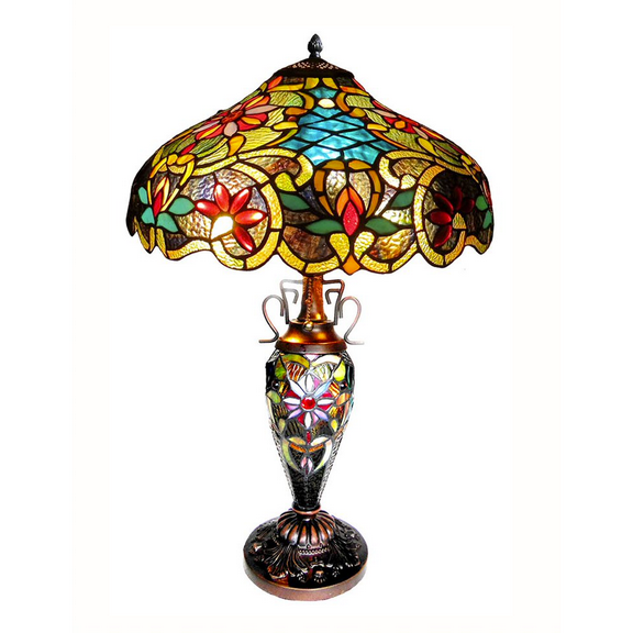 CHLOE Lighting LESLIE Tiffany-style Victorian 3 Light Double Lit Table Lamp 18" Shade
