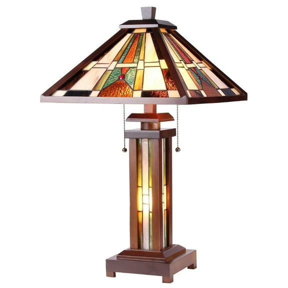 CHLOE Lighting PERCIVAL Tiffany-style Mission 3 Light Double Lit Wooden Table Lamp 15" Shade