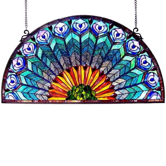 CHLOE Regal Eudora Tiffany-style Peacock Feather Glass Window Panel 35x18