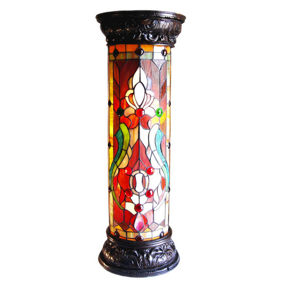 RUBY SPECTACLE Tiffany-glass 2 Light Victorian Pedestal Light Fixture 30" Tall, Dark Antique Bronze