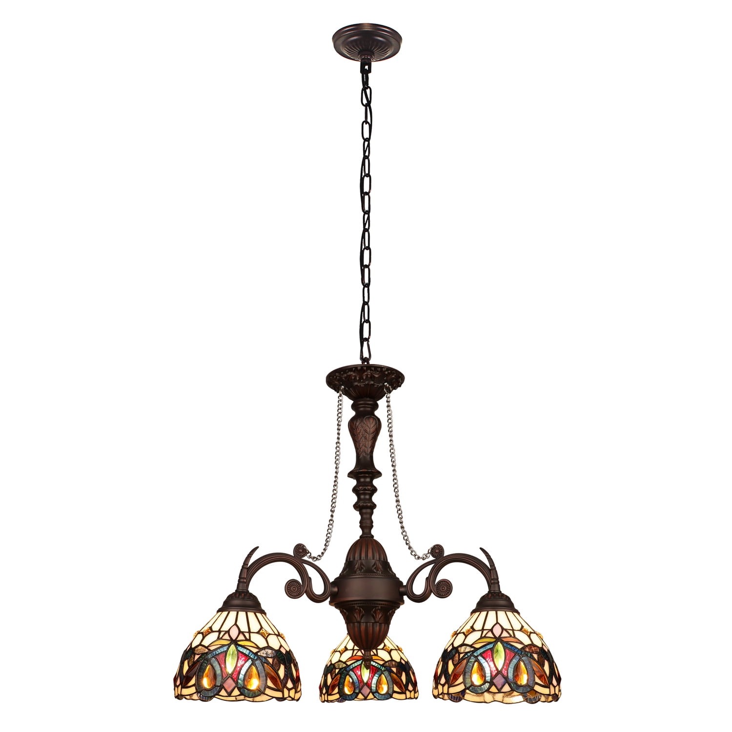 Victorian-Style Dark Bronze Mini Chandelier with Stained Glass Shades