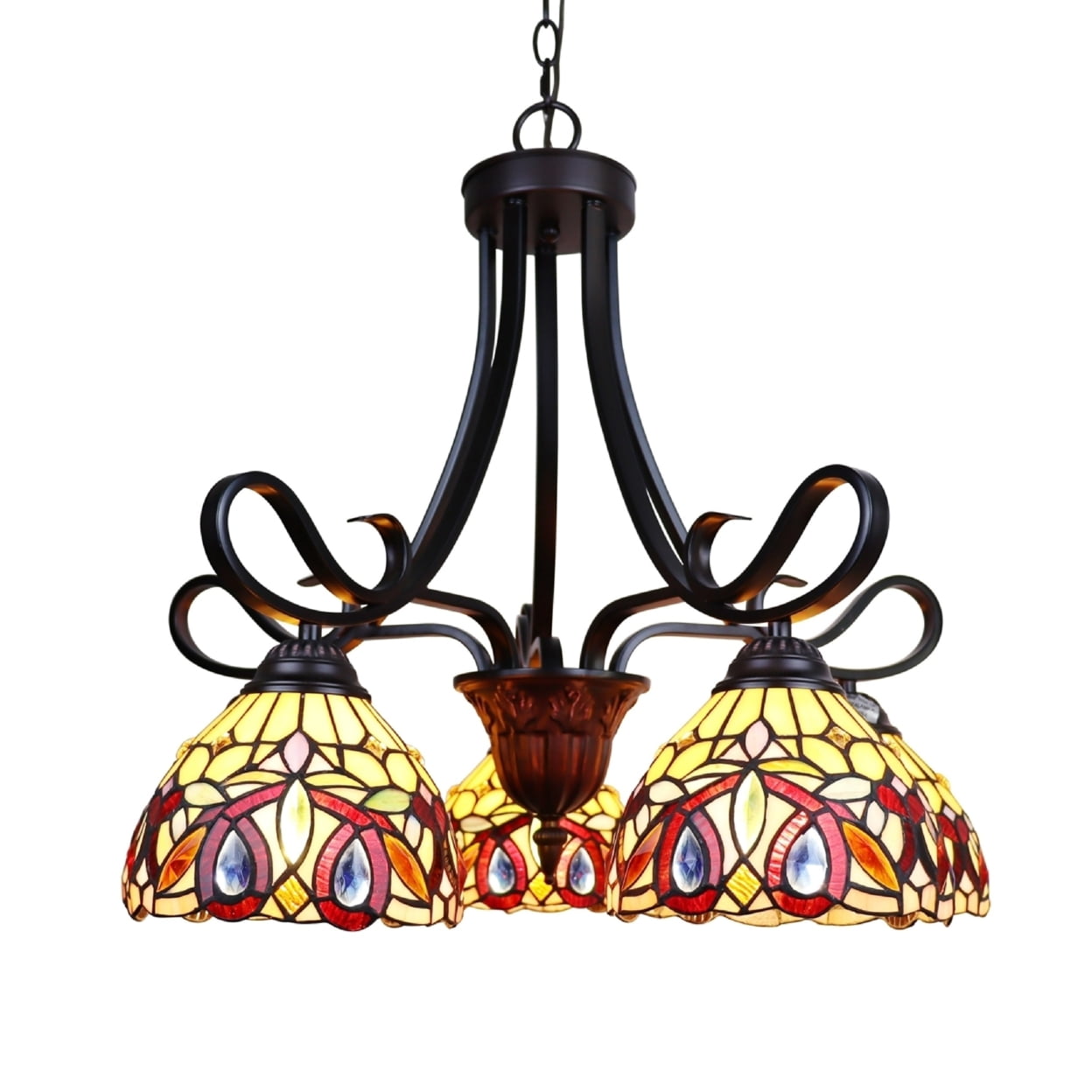 Victorian Tiffany-Style Dark Bronze Mini Chandelier with Stained Glass Shades