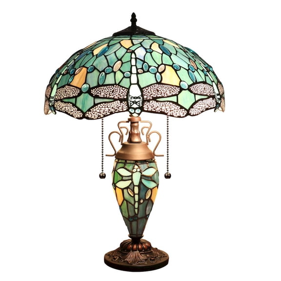 CHLOE Lighting Sunniva Dragonfly Tiffany-Style 3-Light Double Lit Table Lamp 16" Shade