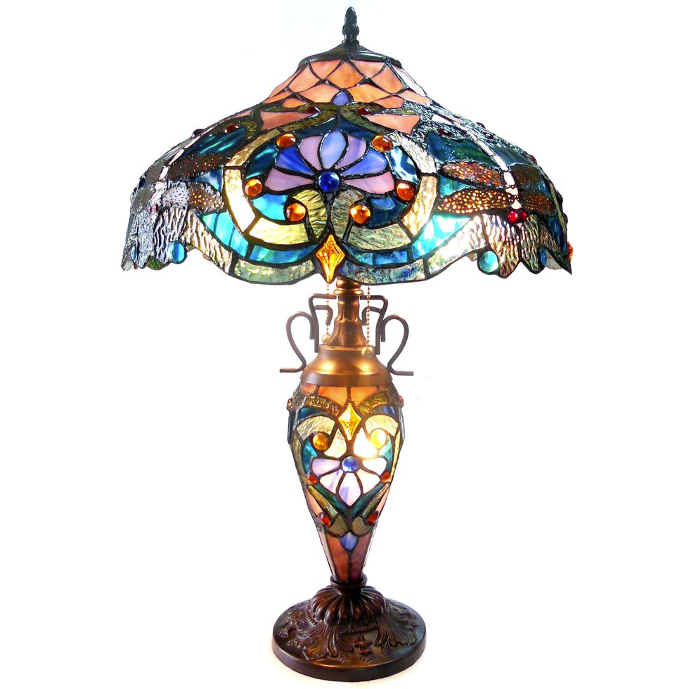 Victorian Tiffany-Style Stained Glass Bronze Table Lamp