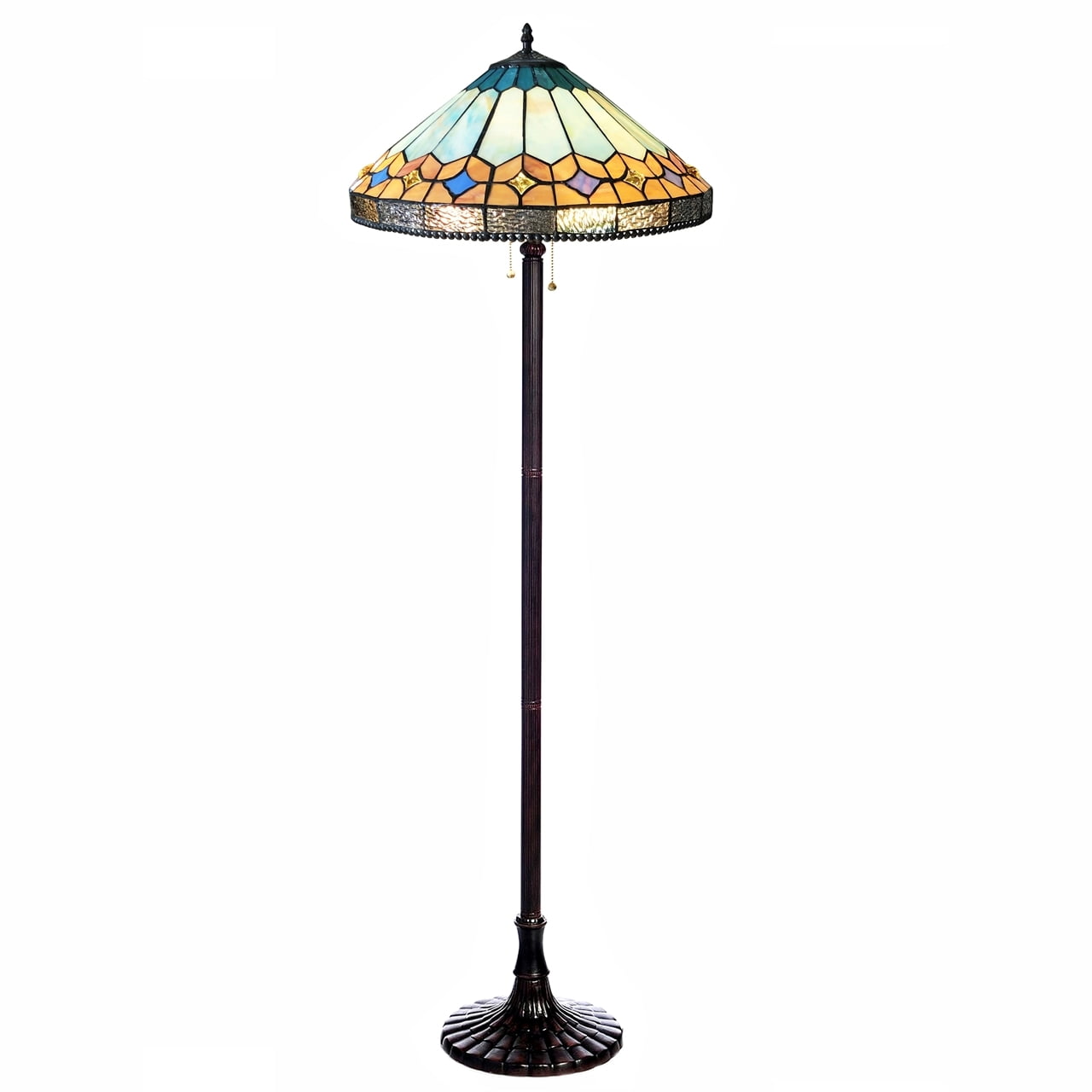 Antique Bronze Geometric Tiffany-Style Stained Glass Floor Lamp