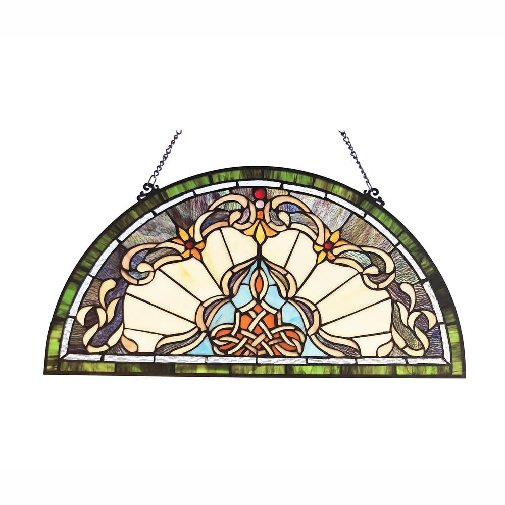 Victorian Semi-Circle Stained Glass Window Panel with Blue and Amber Accents