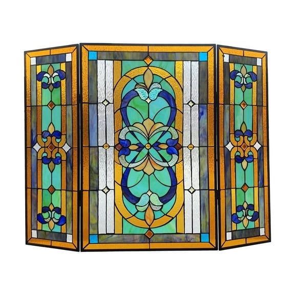 CHLOE Palace Tiffany Folding Victorian Stained Glass Fireplace Screen 40" Width