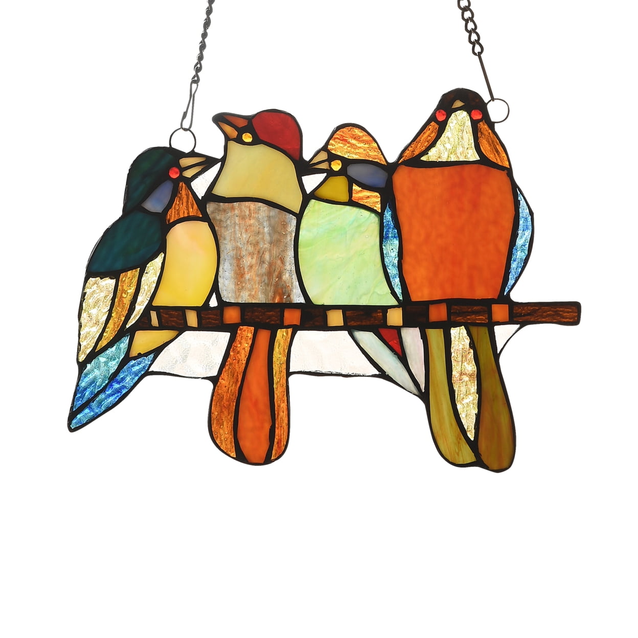 Multi-Colored Stained Glass Perched Birds Window Panel