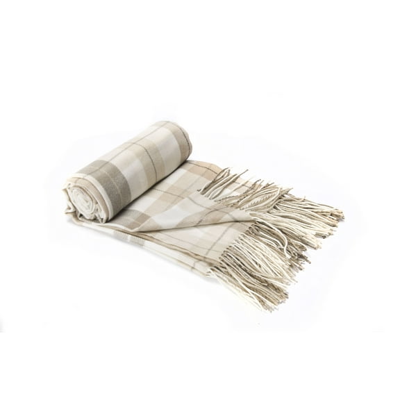 CHLOE'S COLLECTION Buffalo Plaid Blanket Throw With Fringe, Check Pattern,50x60" Neutral Color