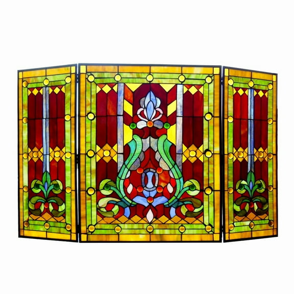 CHLOE Tiffany-glass 3pcs Folding Victorian Fireplace Screen 44" Wide