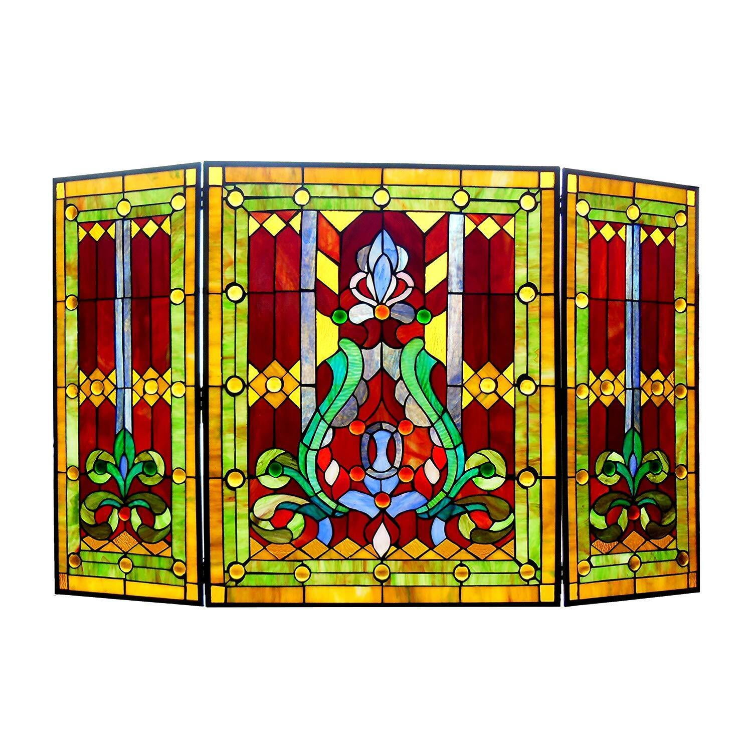Victorian Bronze Three-Panel Tiffany Glass Fireplace Screen