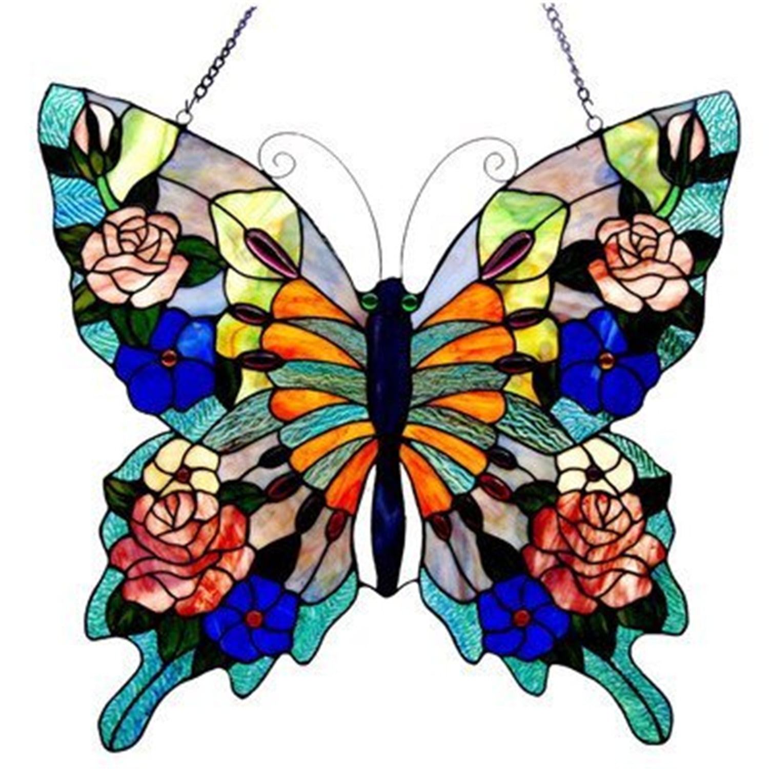 Colorful Tiffany-Glass Butterfly Window Panel with Textured Black Finish