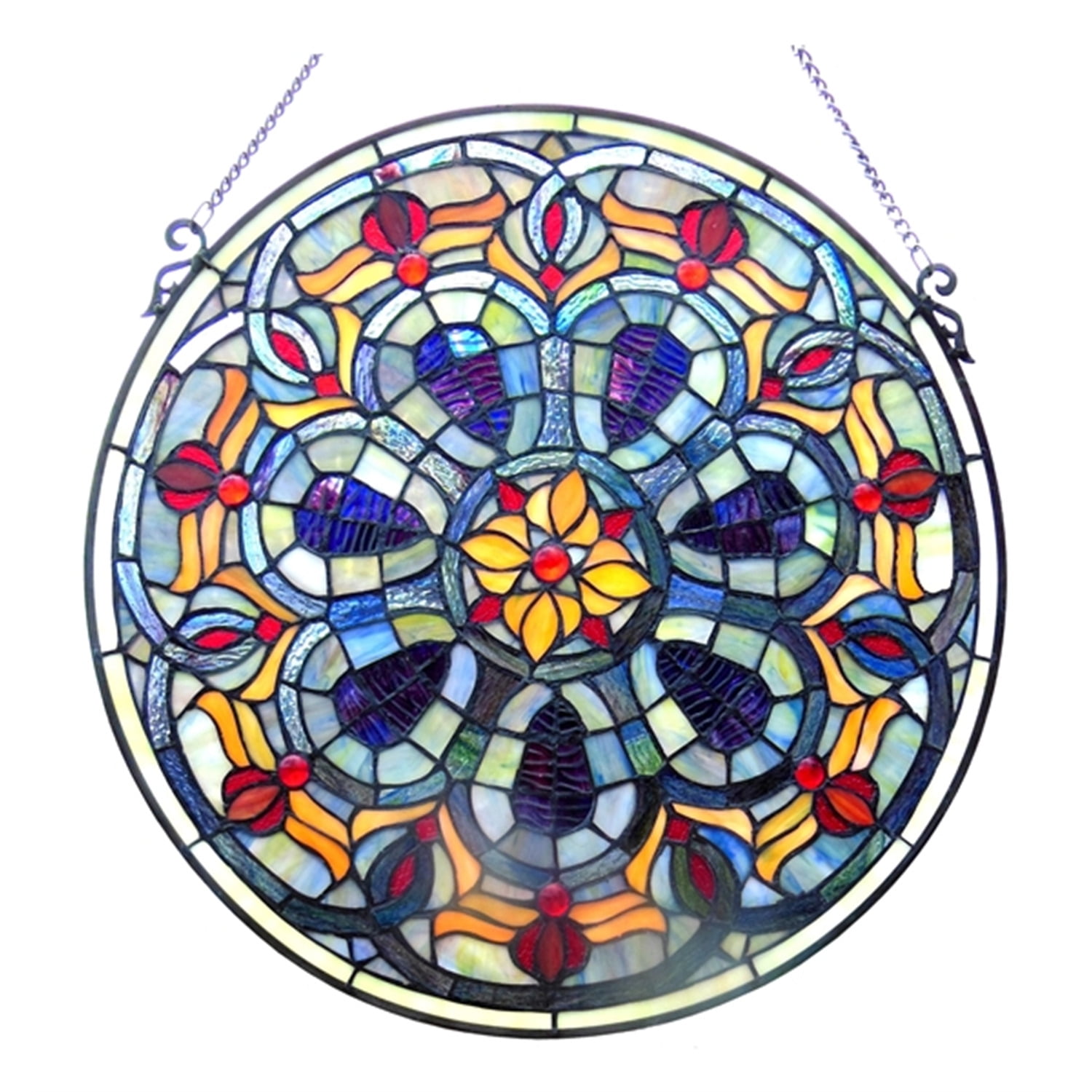 Victorian Multicolor Stained Glass Round Hanging Window Panel