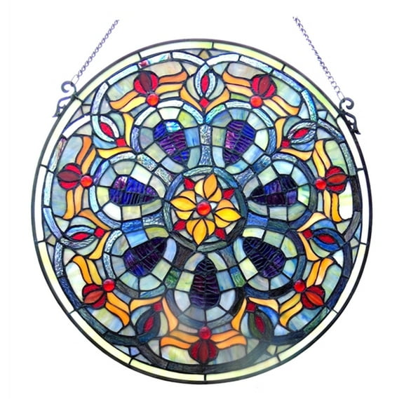 Round Shape Metal Window Glass Panel with Hanging Chain, Multicolor