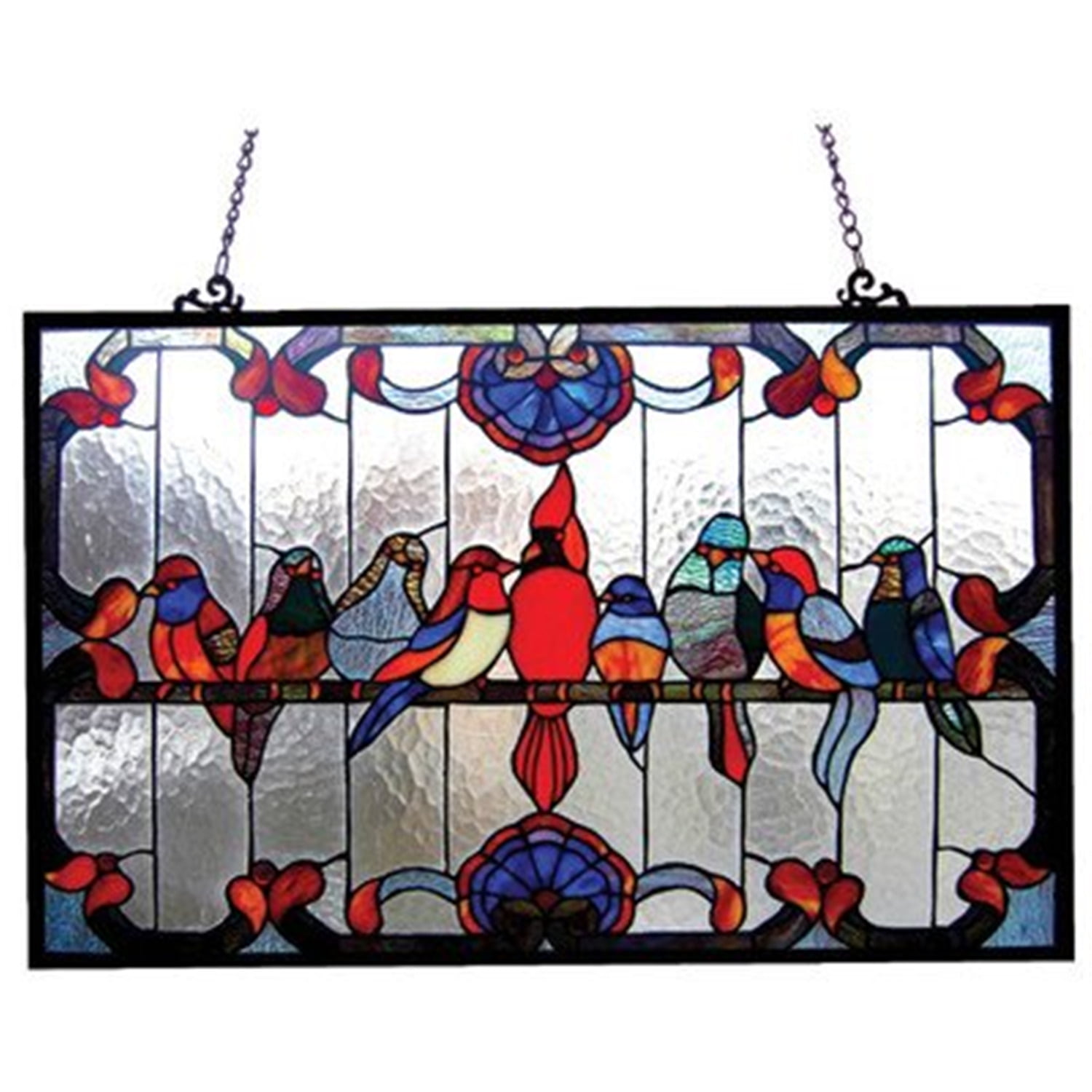 Colorful Stained Glass Window Panel with Birds, 32x20