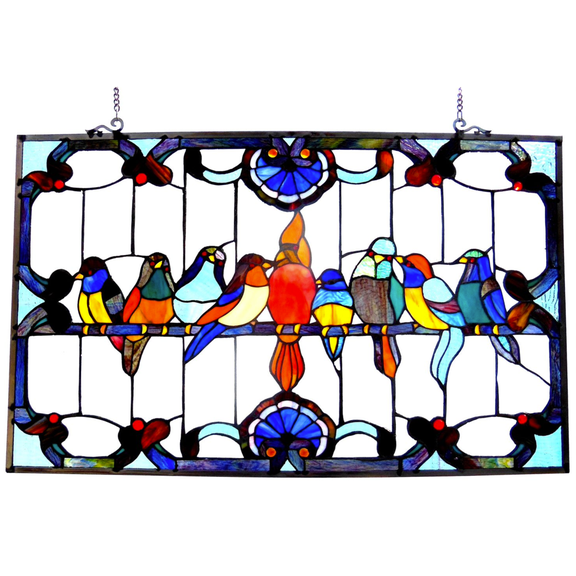 CHLOE Tiffany-glass featuring Gathering Birds Window Panel 32x20