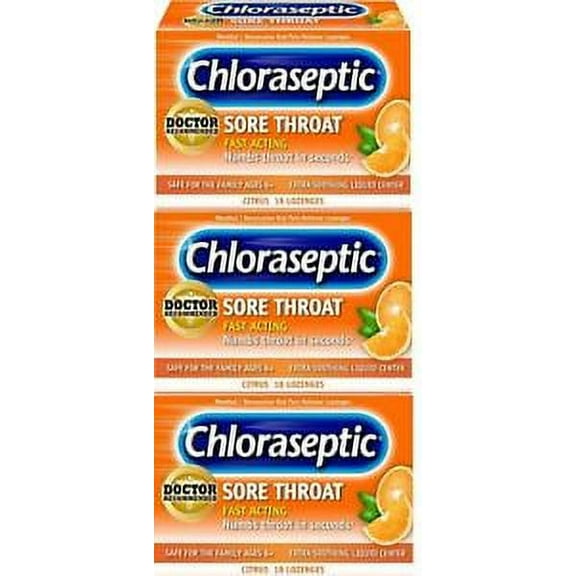 CHLORASEPTIC Lozenges STRONG! CITRUS Sore Throat & Cough 18ct ( 3 pack )