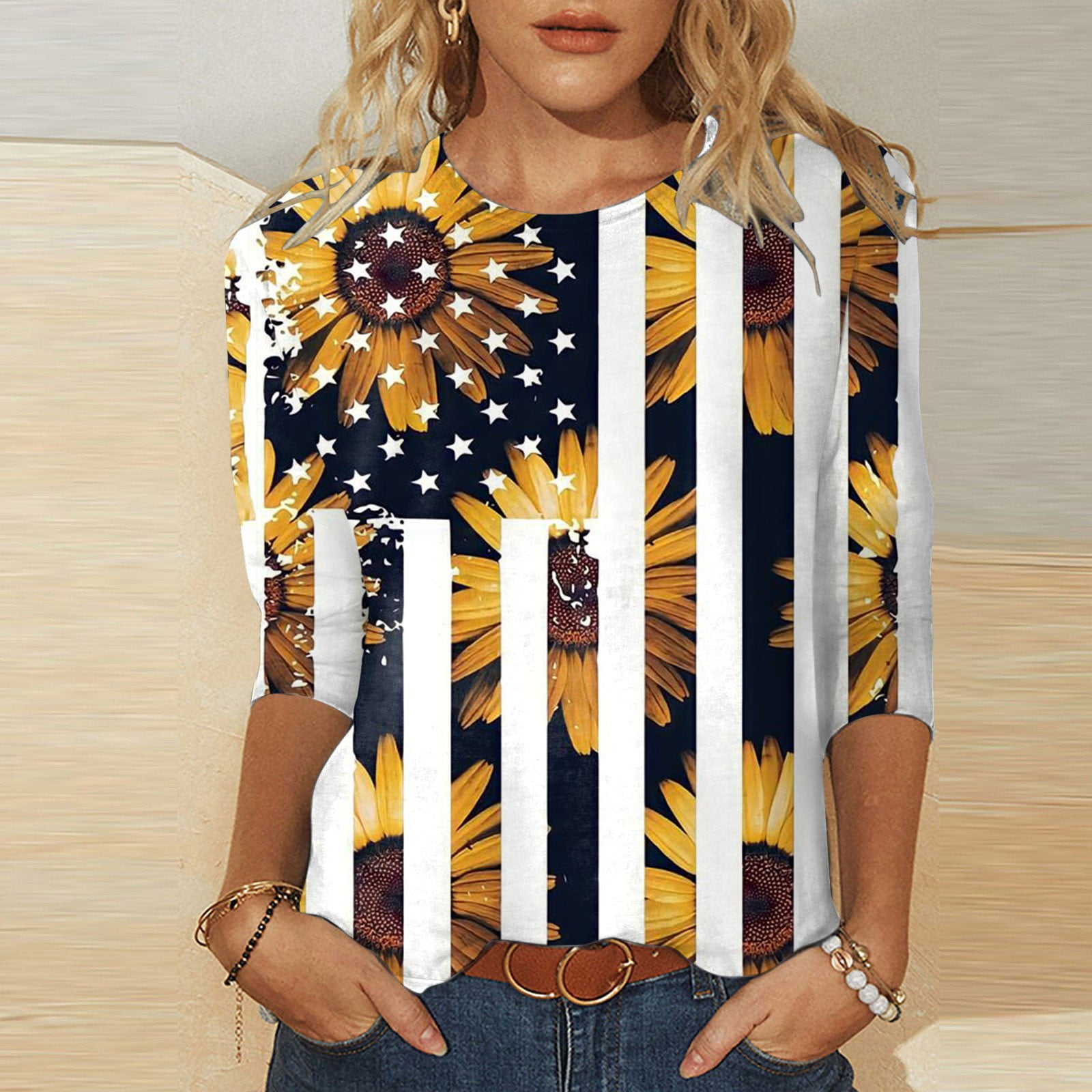Chmora 3 4 sleeve t shirts for women american flag printed 4th of july