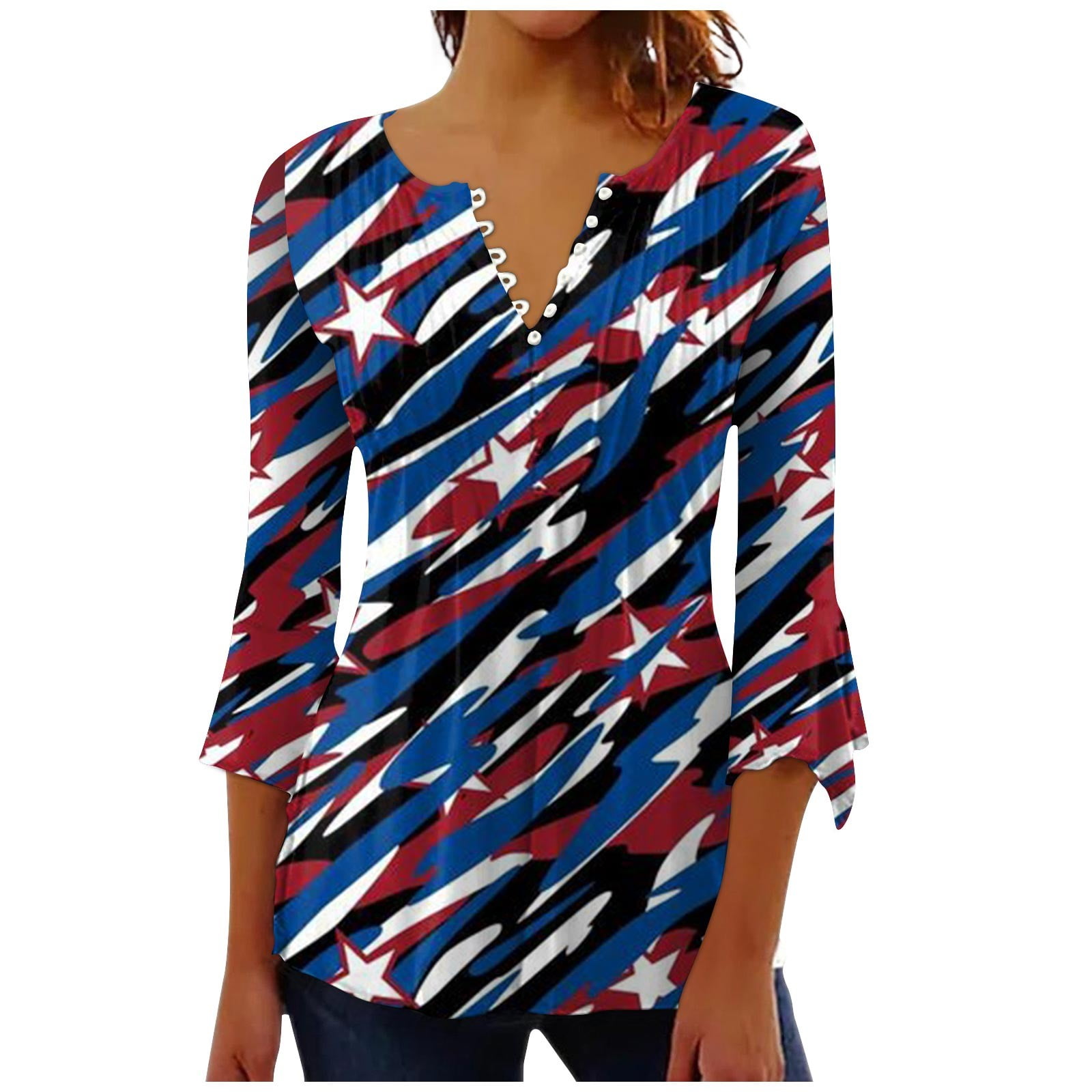 Chmora 3 4 sleeve t shirts for women american flag printed 4th of july