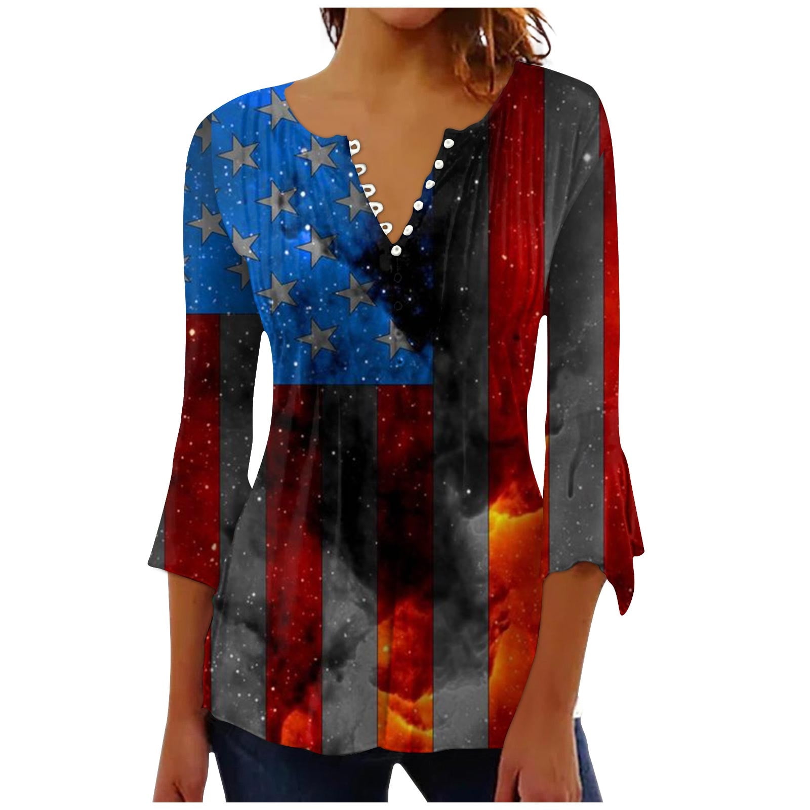 Chmora 3 4 sleeve t shirts for women american flag printed 4th of july