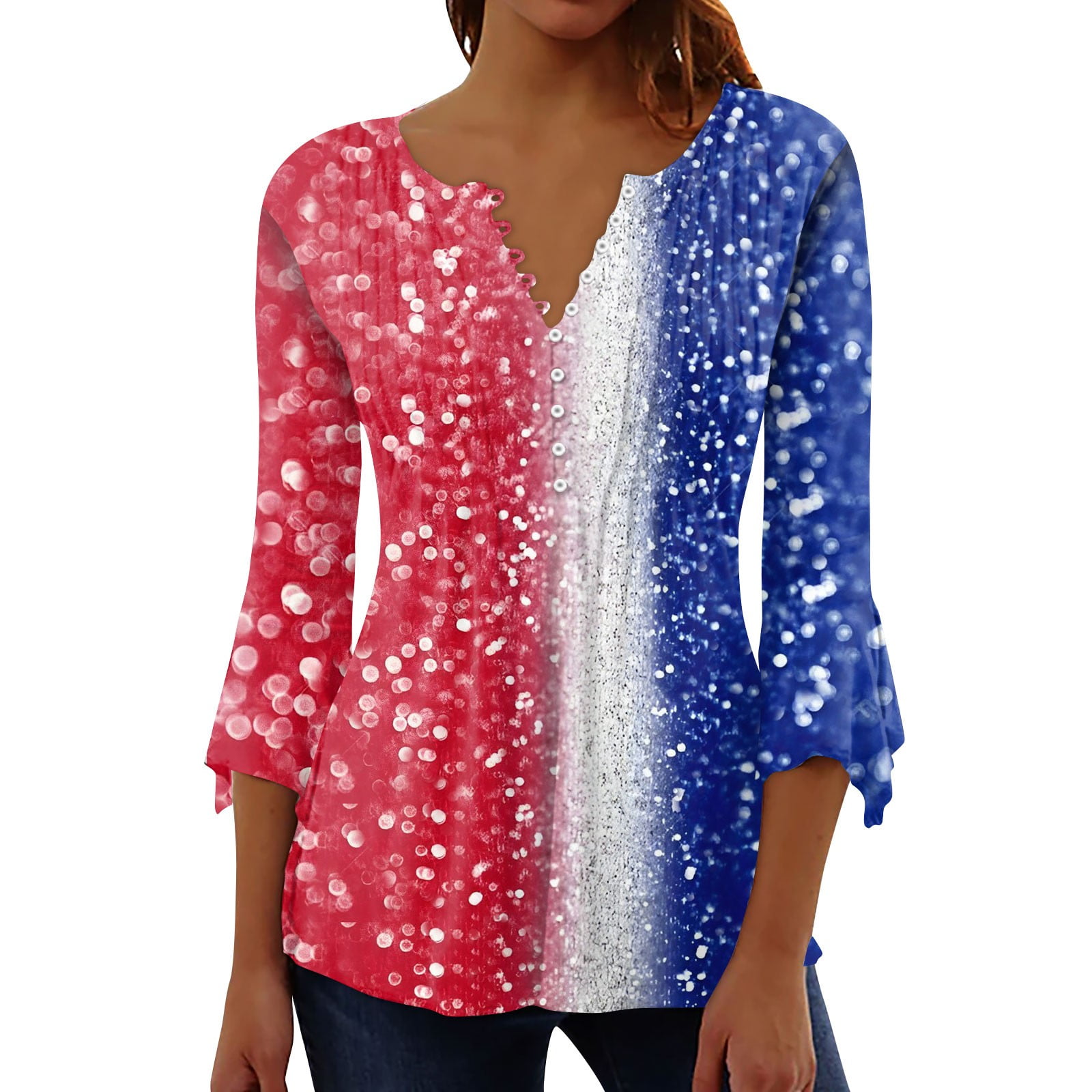 Chmora 3 4 sleeve t shirts for women american flag printed 4th of july