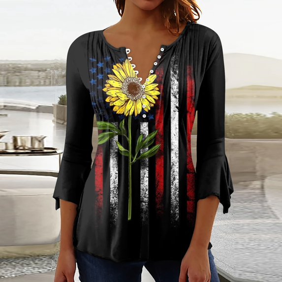 CHMORA 4th of July Patriotic Women's Tops 3/4 Sleeve V Neck Shirts Independence Day Printed Graphic Buttons Pullover