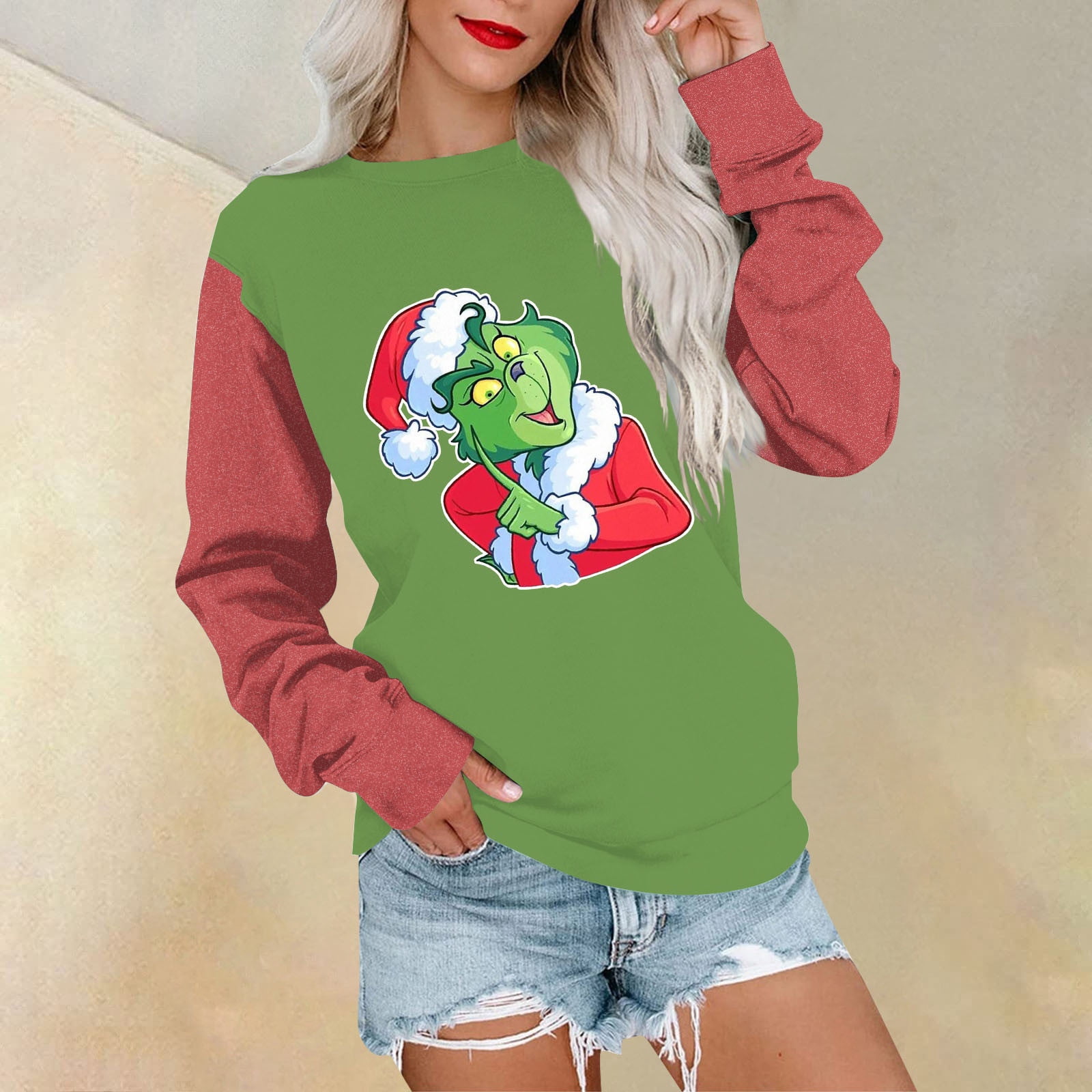 CHMORA Christmas Grinch Shirt Lone Sleeve Round Neck TShirt Christmas
