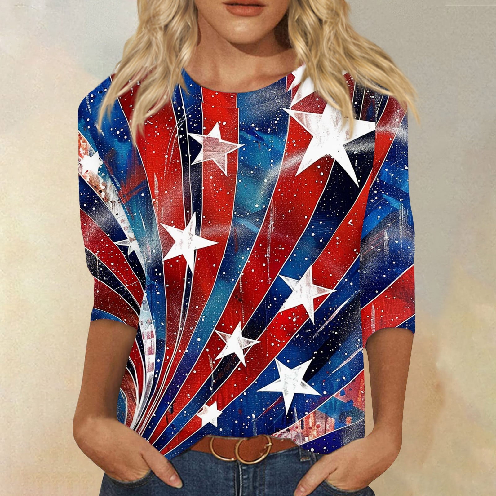 Women's Raglan Baseball Tee - 3/4 Sleeve Round Neck Patchwork Print Blouse, Red - View #5