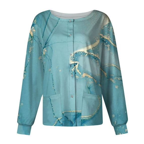 CHMORA Women's Print Long Sleeve Scrub Jacket with Button and Pockets - Comfortable Work Uniform