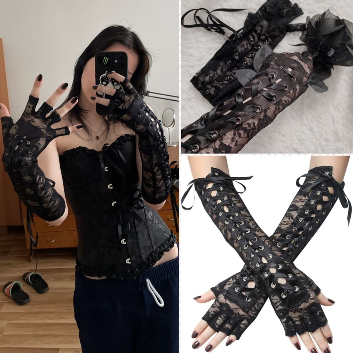 Kakaco Fingerless Lace Up Gloves Elbow Long Gloves Black Lace Gloves Rave  Party Gloves Costume for Women and Girls