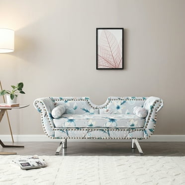 CHNGQANW 61”Width Modern Accent Printed Fabric Upholstered Loveseat Settee Nailhead Trimming Curved Backrest Rolled Arms Couch with Washable Cushion Cover Silver Metal Legs Living Room Se