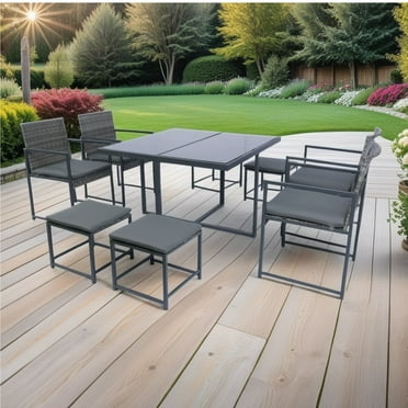 CHNGQANW 9 Pieces Patio Dining Sets Outdoor Space Saving Rattan Chairs with Glass Table Top Grey Wicker + Dark Grey Cushion