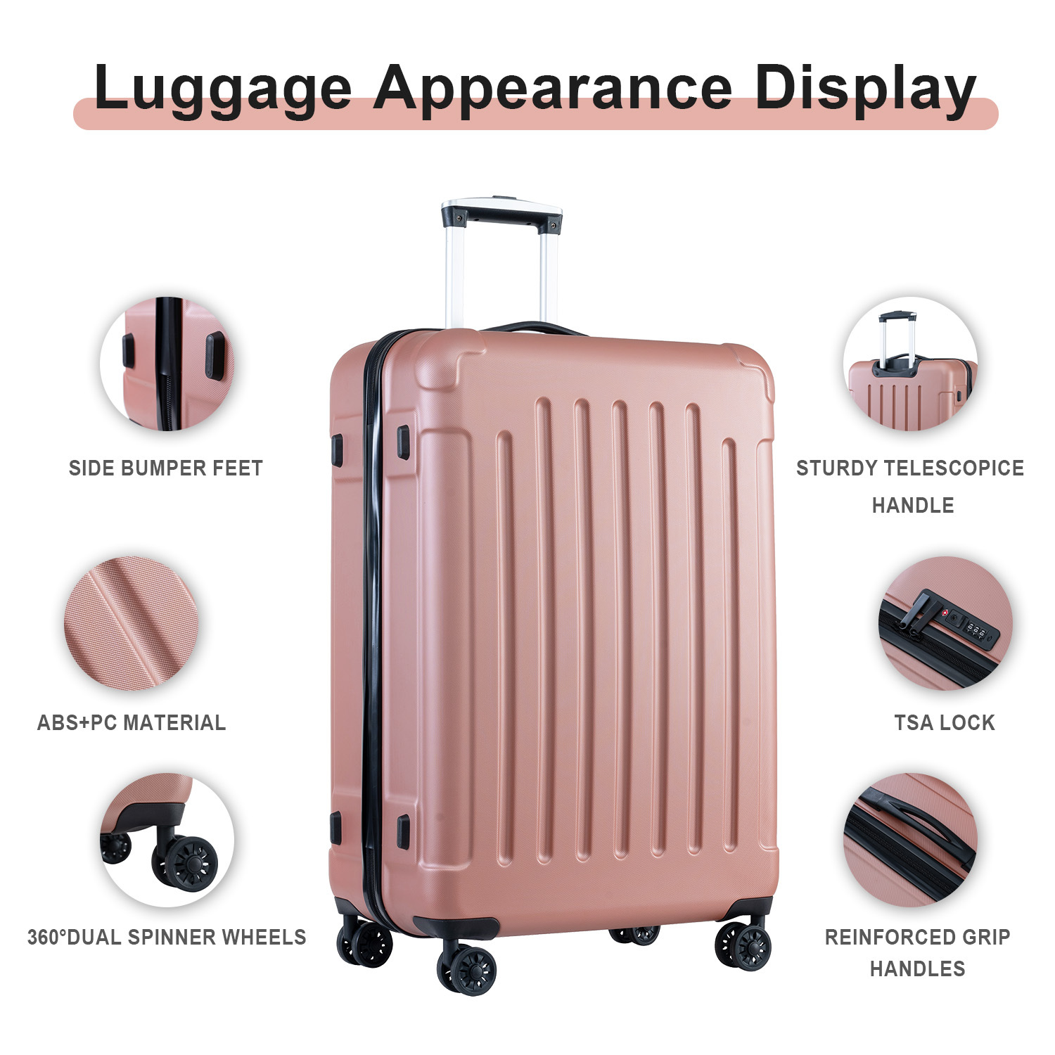 Lightweight Durable ROSEGOLD ABS+PC Hardshell 3pcs Clearance Luggage