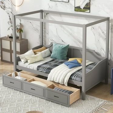CHNGQANW Twin Size Wooden Canopy Daybed with 3 in 1 Storage Drawers Grey