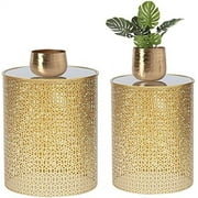 CHNKH End Tables - Gold Round  Leaves Nightstands Stools- Accent Nesting Side Tables for Living Room Bedroom and Entryway